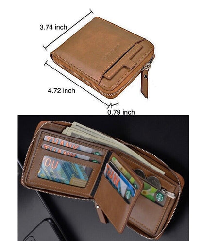 Men RFID Blocking Leather Bifold Wallet Credit Card ID Holder Zip around Purse