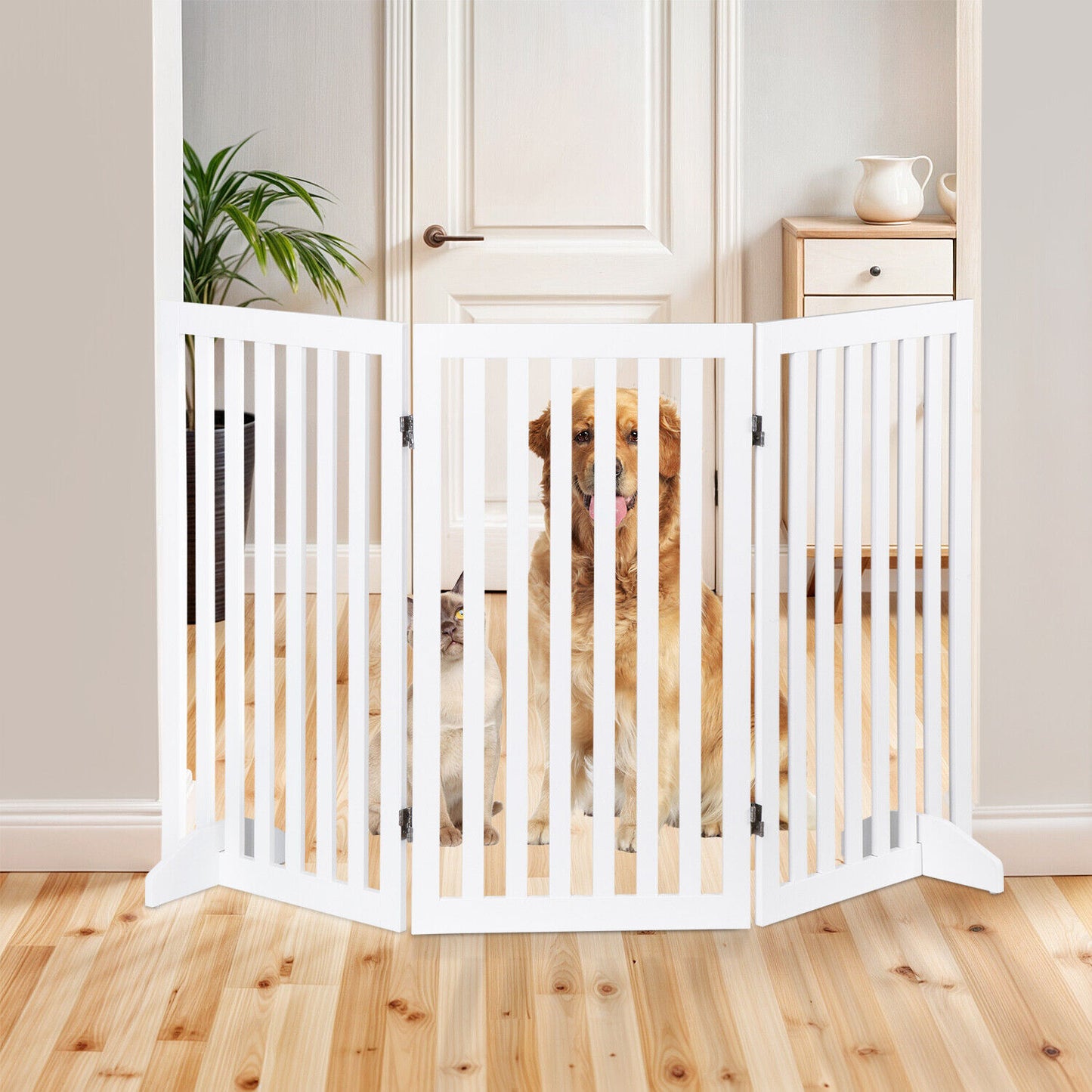 36''H Foldable Dog Gate with 3 Panels – Expandable Freestanding Pet Barrier for Doorways, Stairs, & More, Durable MDF, No Assembly, Anti-Slip Design