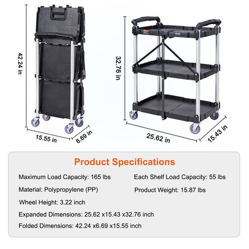 VEVOR Foldable Utility Service Cart 3 Shelf 165LBS with Swivel Lockable Wheels
