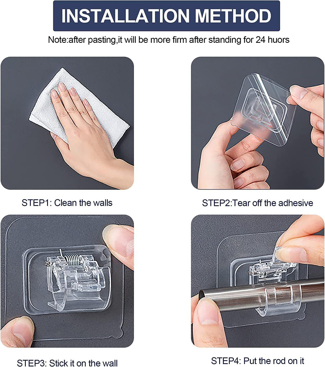 8PCS Nail Free Adjustable Curtain Rod Clip Brackets Self Adhesive Holder Hooks