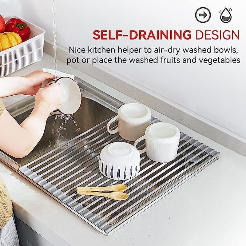 Large Kitchen Over Sink Drying Rack | Stainless Steel Roll-Up Dish Drainer & Cutting Board | Multi-Functional Space-Saving Food Prep Solution