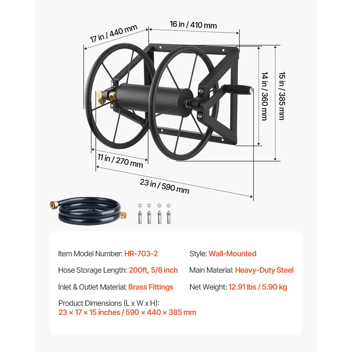 Wall Mounted Garden Hose Reel 200Ft 5/8 in Manual Hose Winder Brass Fitting