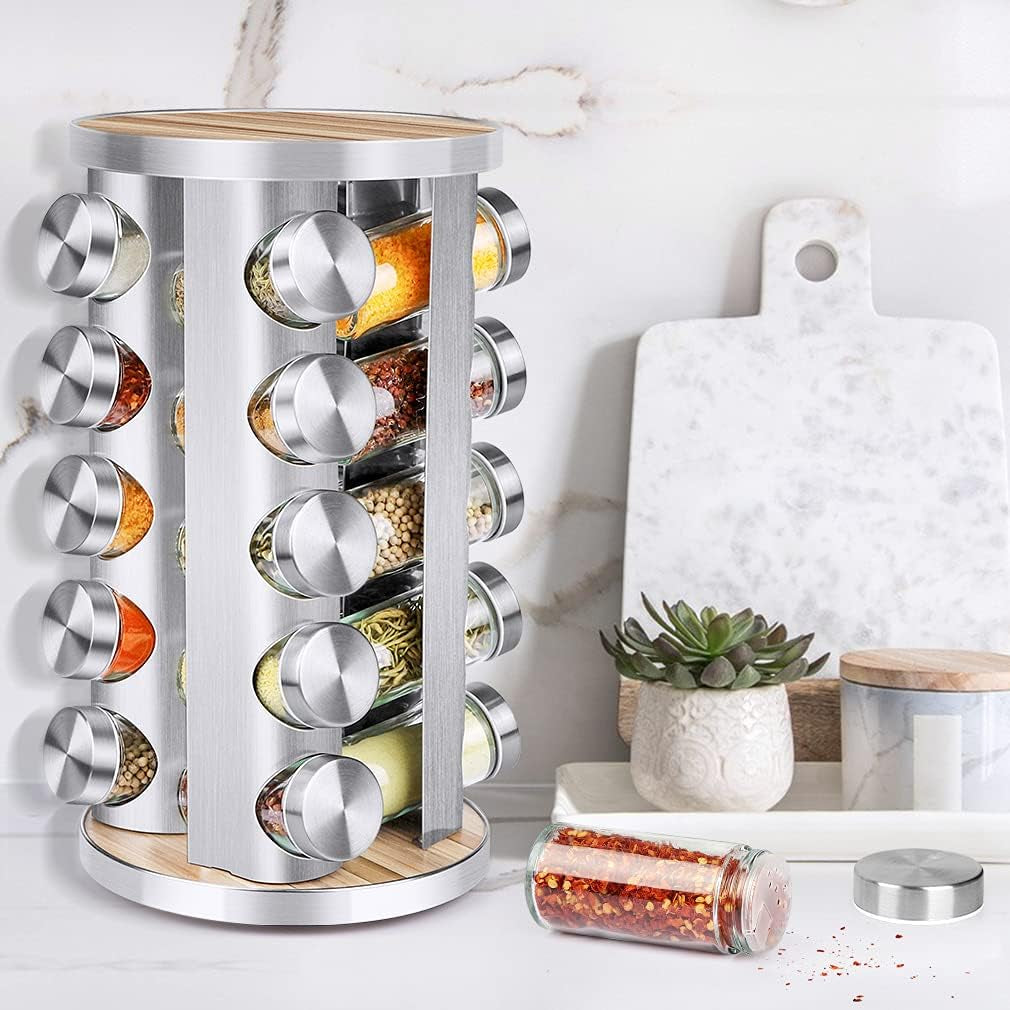 Spice Rack Organizer with Jars – 360° Rotating Storage for Kitchen | 20 Empty Glass Jars, DIY Labels & Funnel | Space-Saving, Stylish & Functional