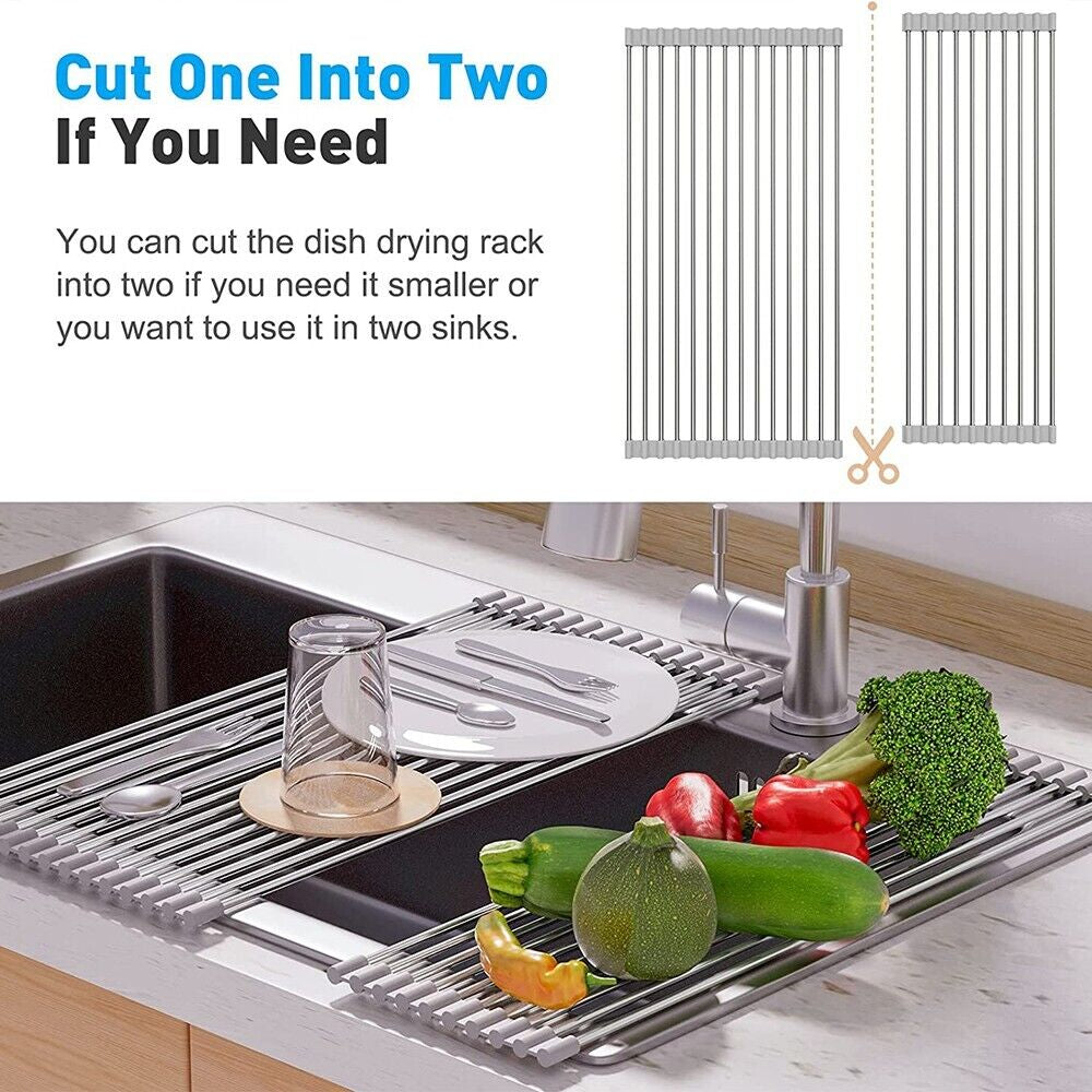 Large Kitchen Over Sink Drying Rack | Stainless Steel Roll-Up Dish Drainer & Cutting Board | Multi-Functional Space-Saving Food Prep Solution