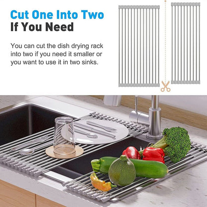 Large Kitchen Over Sink Drying Rack | Stainless Steel Roll-Up Dish Drainer & Cutting Board | Multi-Functional Space-Saving Food Prep Solution