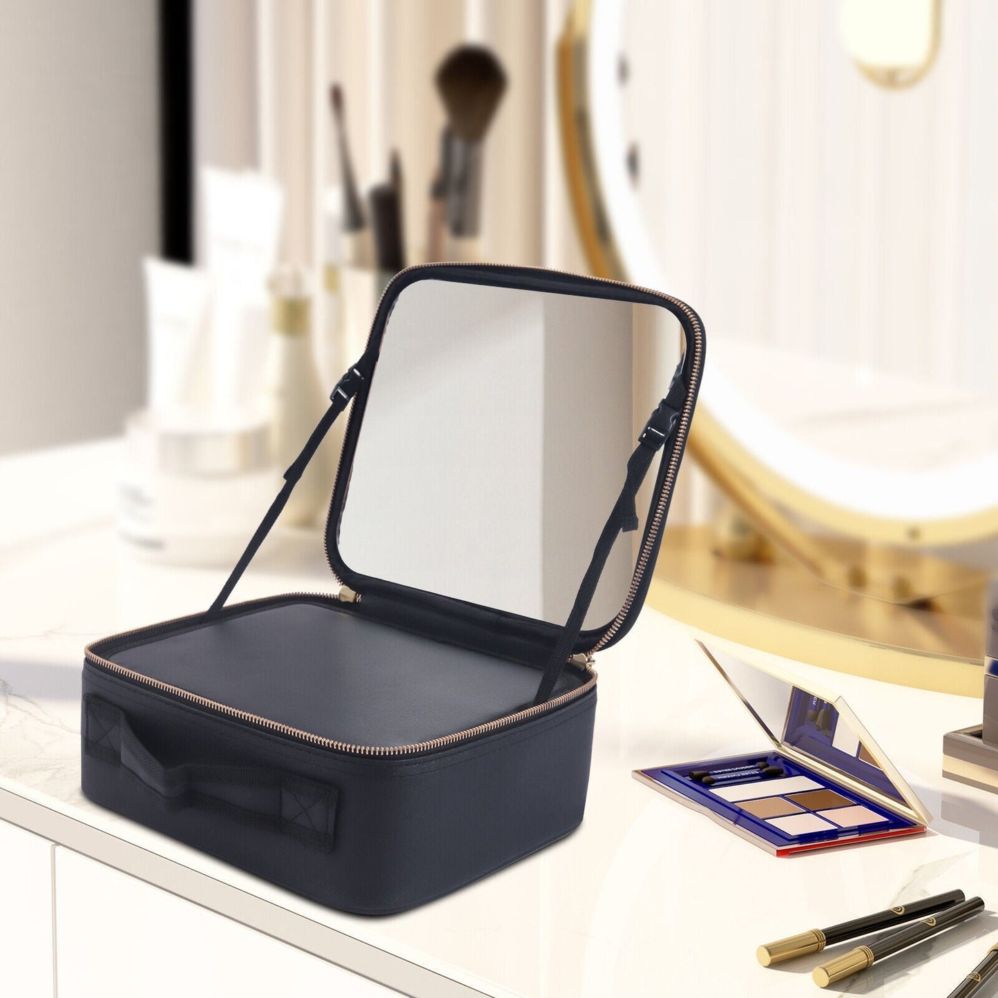 Makeup Bag Makeup Organizer Box with Mirror Large Capacity Travel Cosmetic Case Waterproof PU Portable Storage for Brushes & Skincare