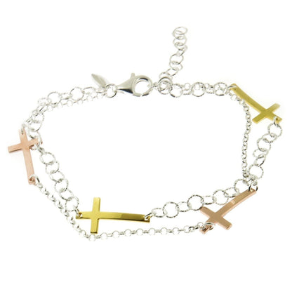 925 Sterling Silver Tri Colored Sideways Cross Elegant Bracelet