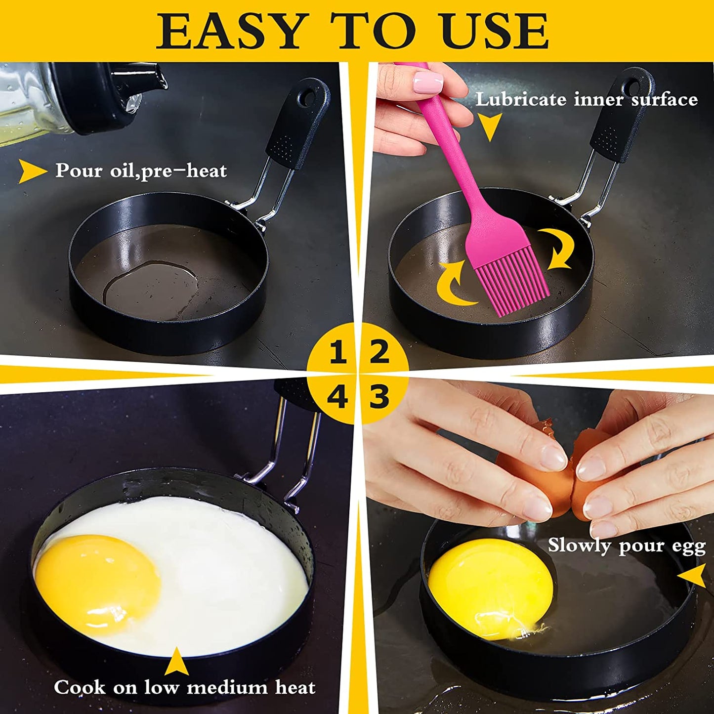 4'' Round+Square Egg Rings Set Silicone Handle Stainless Steel Egg Cooking Rings