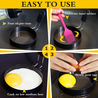 4'' Round+Square Egg Rings Set Silicone Handle Stainless Steel Egg Cooking Rings