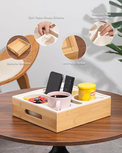 Couch Cup Holder with Lid, Silicone Bed Caddy with Cup Holder, Bed Organizer for Drinks, Snacks, Remotes, Bamboo Couch Caddy for Sofa, Bed and Car(Beige)