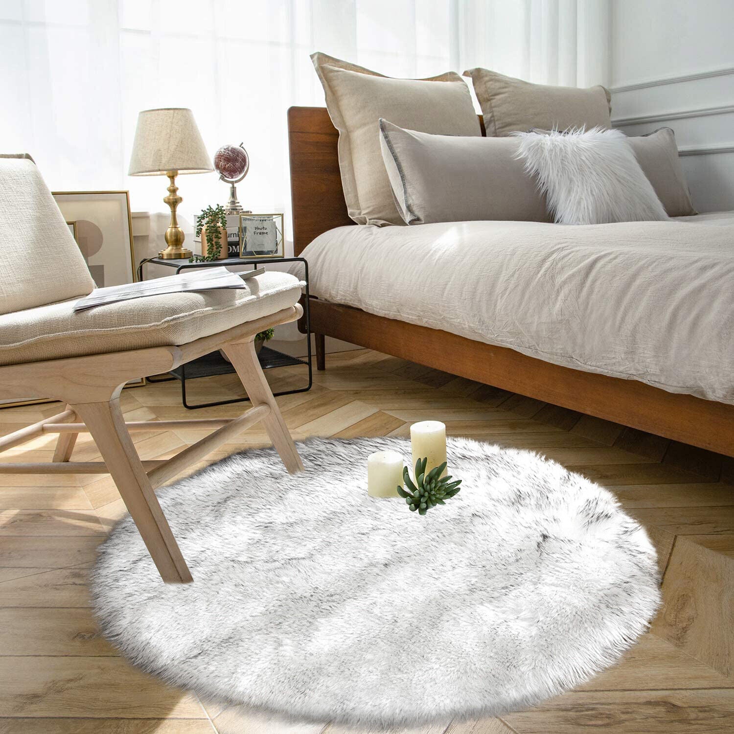Faux Fur Sheepskin Fluffy Area Rugs round Shaggy Carpet for Bedroom Living Room