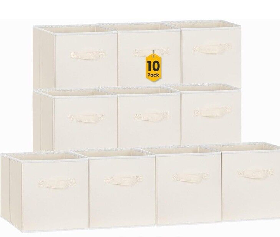 Blanket Cubby Beige 11-Inch Collapsible Storage Cubes (Set of 10) Foldable Fabric Bins with Dual Handles for Closet Cube Organizer, Boxes Pack Laundry