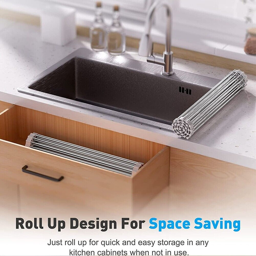 Large Kitchen Over Sink Drying Rack | Stainless Steel Roll-Up Dish Drainer & Cutting Board | Multi-Functional Space-Saving Food Prep Solution