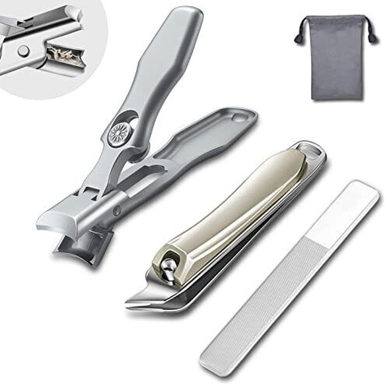 Anti Splash Nail Clippers Set - Sharp Stainless Steel Clippers for Thick Nails, Cuticle Trimmer, Nano File & Pouch, Perfect Gift for Men & Women!