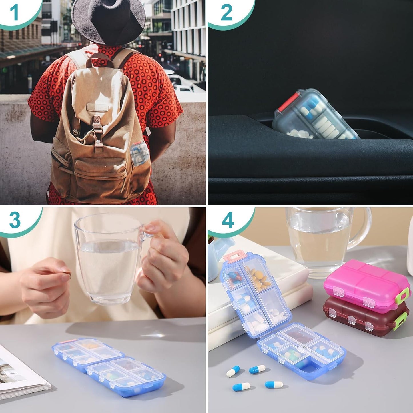3PCS Pill Organizer 10 Compartments Travel Pill Box Portable Folding Small Case