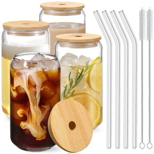 Drinking Glasses with Bamboo Lids and Glass Straw 4Pcs Set - 16Oz Glass Cups,