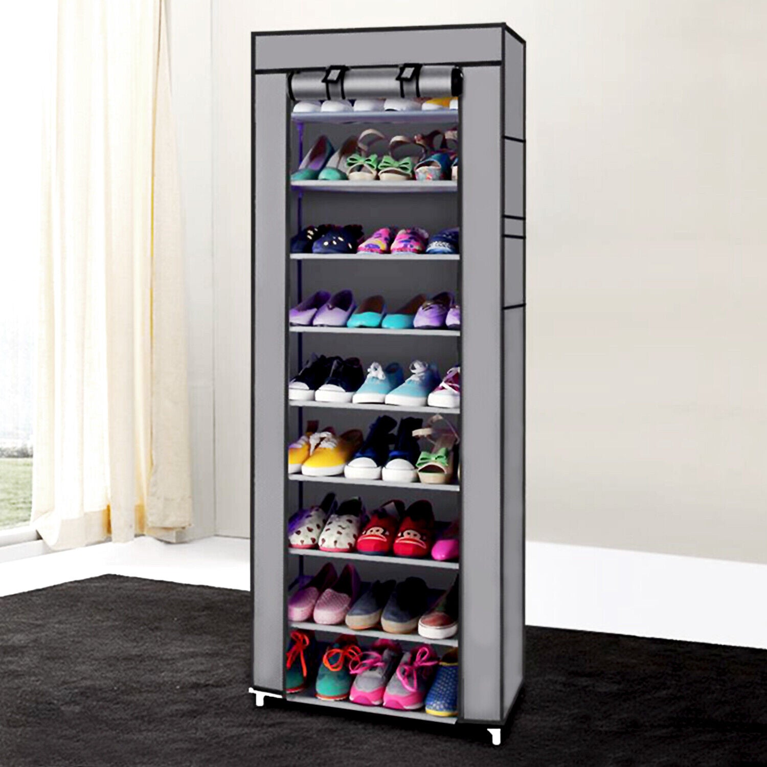 Portable Shoe Rack with Cover | 9-Shelf Storage Closet Organizer Cabinet for Entryway, Bedroom, or Dorm | Space-Saving Shoe Holder for Home Use