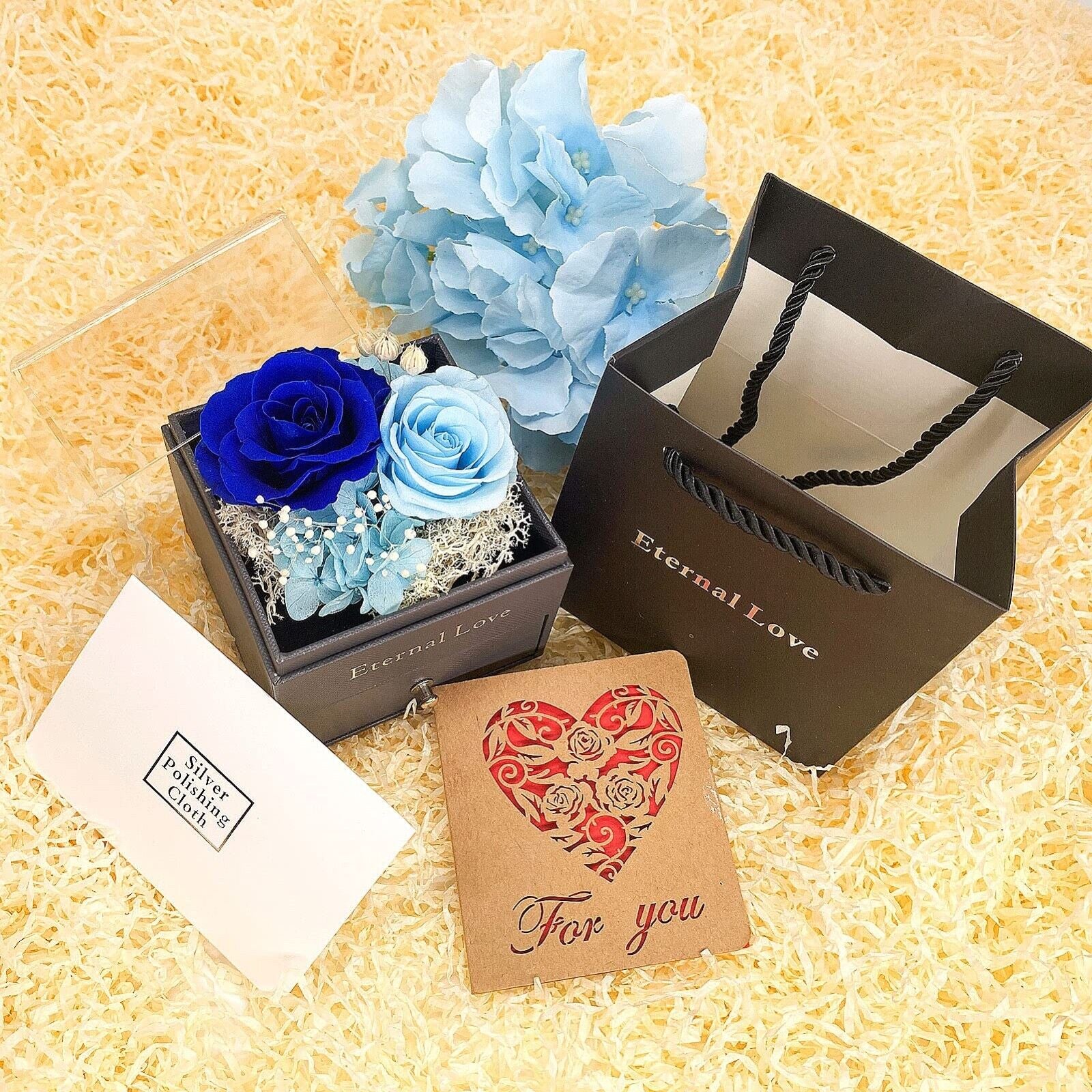 Preserved Eternal Real Rose Flower Gift Box with 14K Gold Plated Silver Necklace