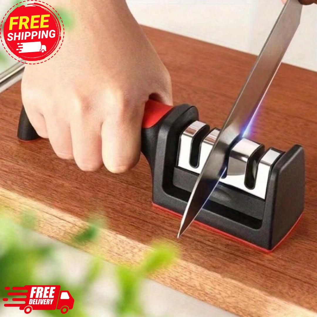 Knife Sharpener for Kitchen Knives, 4-in-1 Manual Blade Sharpener – Easy & Safe Tool for Restoring Sharp Edges at Home, Works on All Blades!