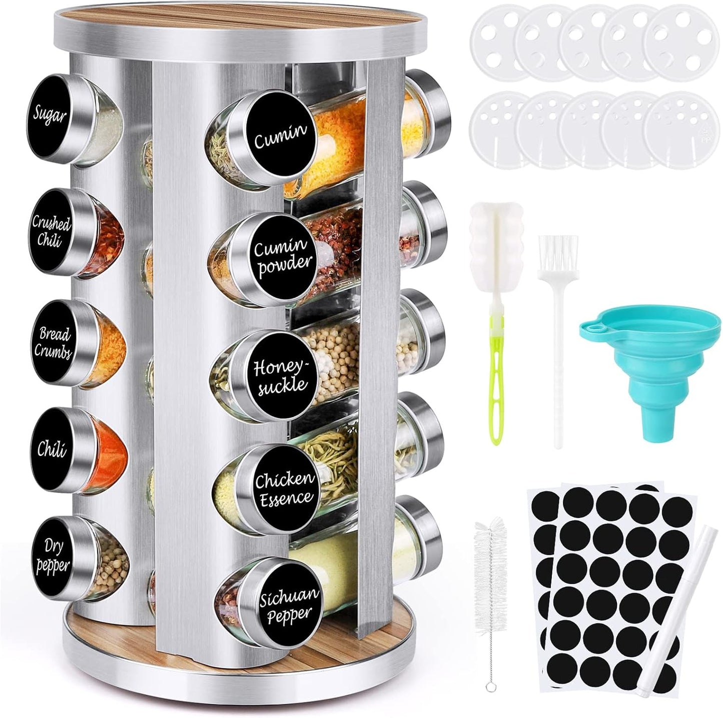 Spice Rack Organizer with Jars – 360° Rotating Storage for Kitchen | 20 Empty Glass Jars, DIY Labels & Funnel | Space-Saving, Stylish & Functional