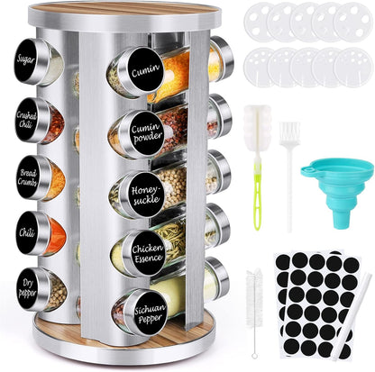 Spice Rack Organizer with Jars – 360° Rotating Storage for Kitchen | 20 Empty Glass Jars, DIY Labels & Funnel | Space-Saving, Stylish & Functional