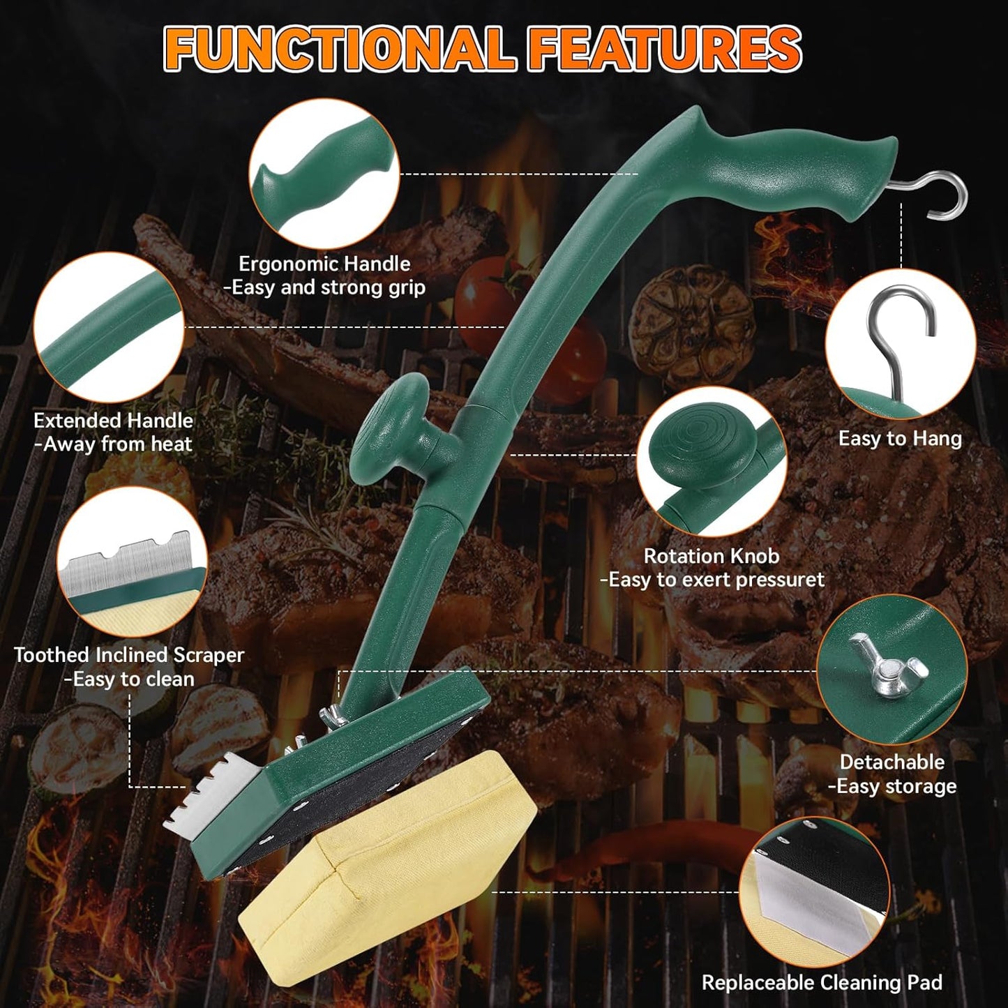 Bristle Free Grill Brush with Scraper 22 Inch Long Handle and Replaceable Head