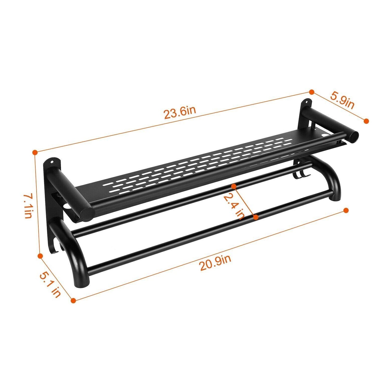 2Tiers Wall Mounted Towel Rack Bar Rail Towel Holder Bathroom Storage Shelf Tray