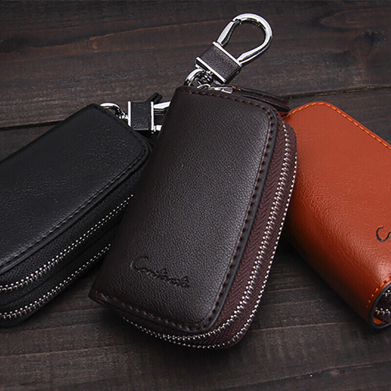 Keyholder Retro Casual Cowhide Leather Double Zipper Car Key Case Holder Wallet Key Bag