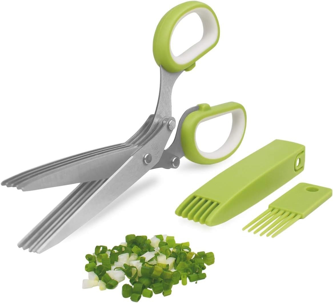 Herb Cutter Scissors, 5-Blade Stainless Steel with Safety Cover & Cleaning Comb