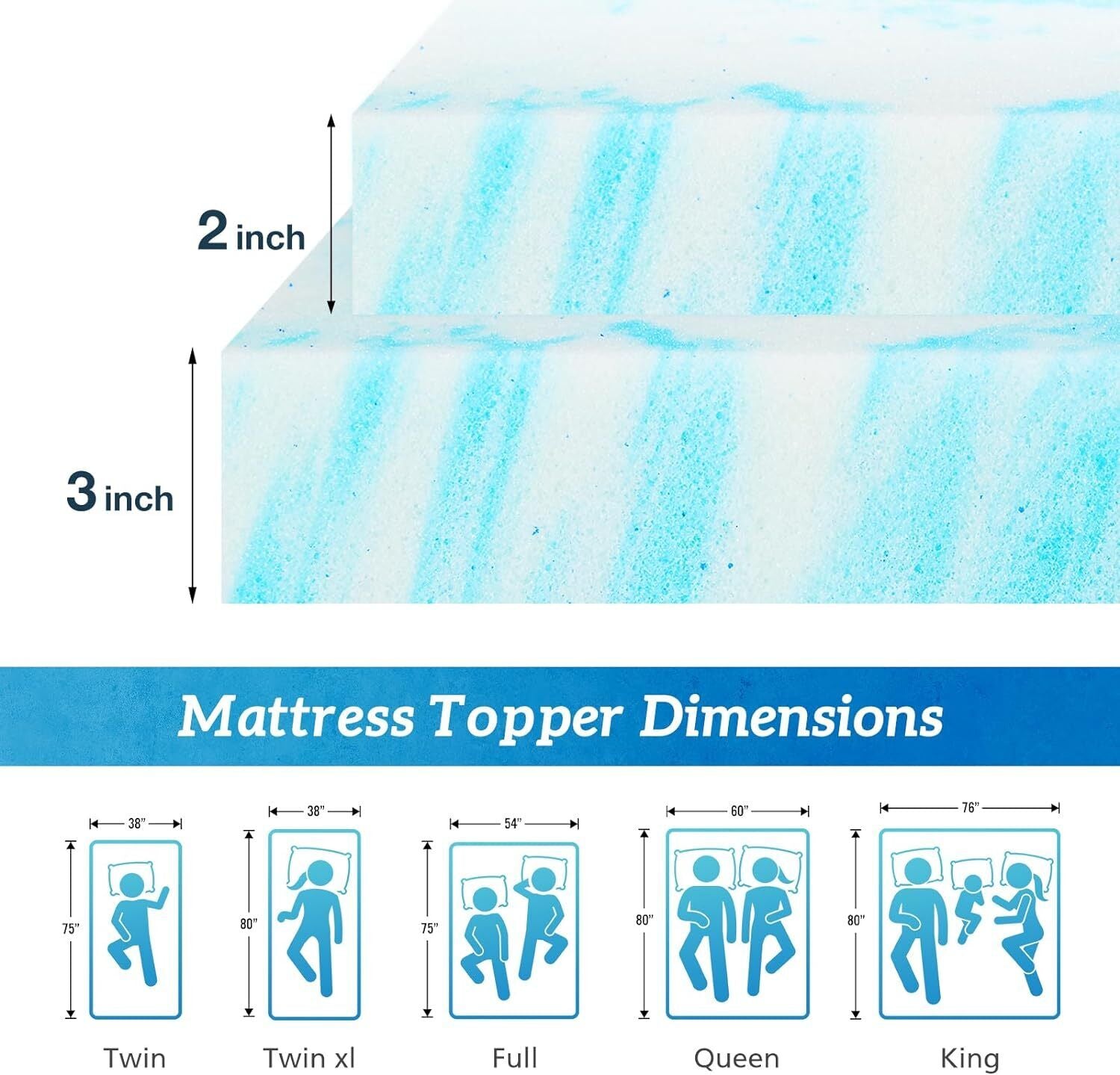 mattress toppers, Memory Foam Bed Topper - Cooling Gel, Pressure Relief, High-Density Support, Breathable & Comfortable Mattress Pad for Deeper Sleep