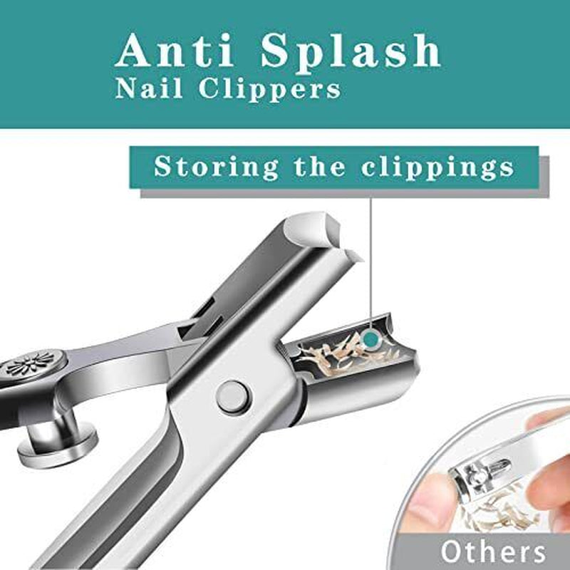 Anti Splash Nail Clippers Set - Sharp Stainless Steel Clippers for Thick Nails, Cuticle Trimmer, Nano File & Pouch, Perfect Gift for Men & Women!