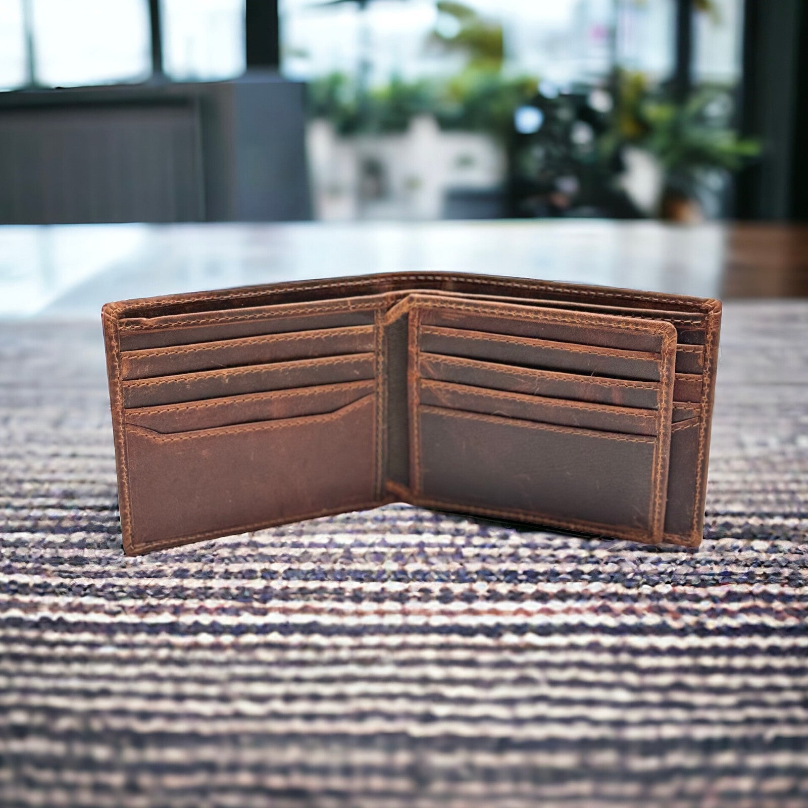 RFID Blocking Brown Vintage Leather Men'S Bifold Center Flap Wallet