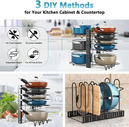 Adjustable 8 Tier Pots and Pans Organizer Rack Pots Holder for Kitchen Cabinet