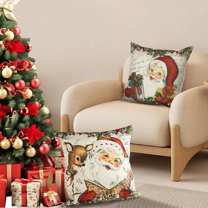 Vintage Christmas Santa Pillow Case Set Santa Reindeer Wreath Pillow Covers 4PCS 18X18''