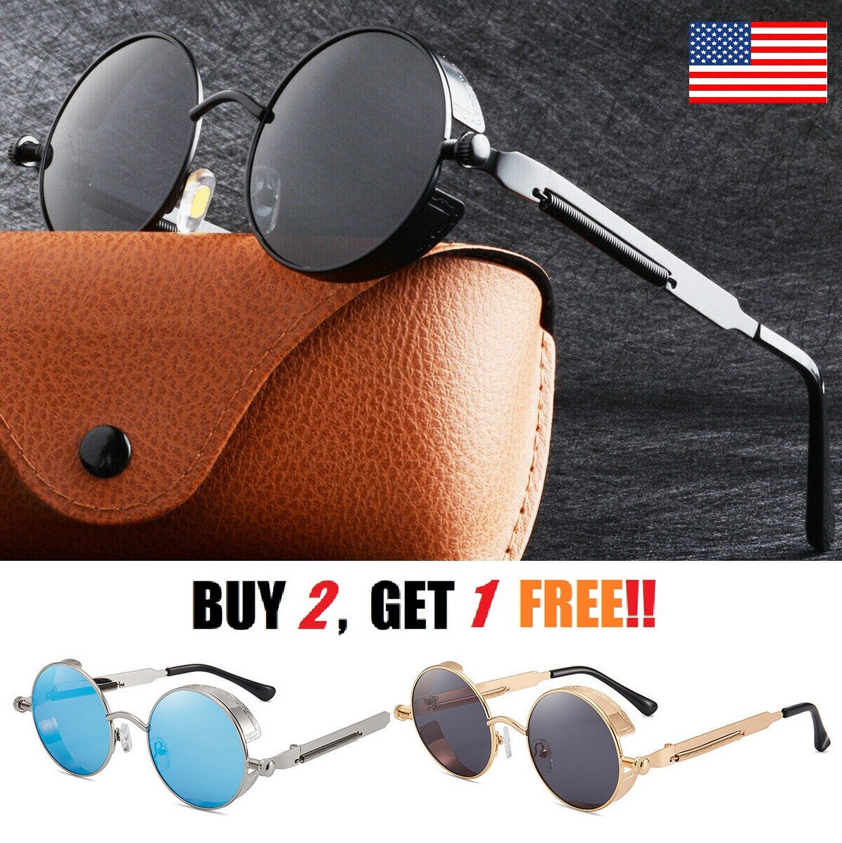 Polarized Retro round Sunglasses Vintage Gothic Steampunk Glasses Men Women USA