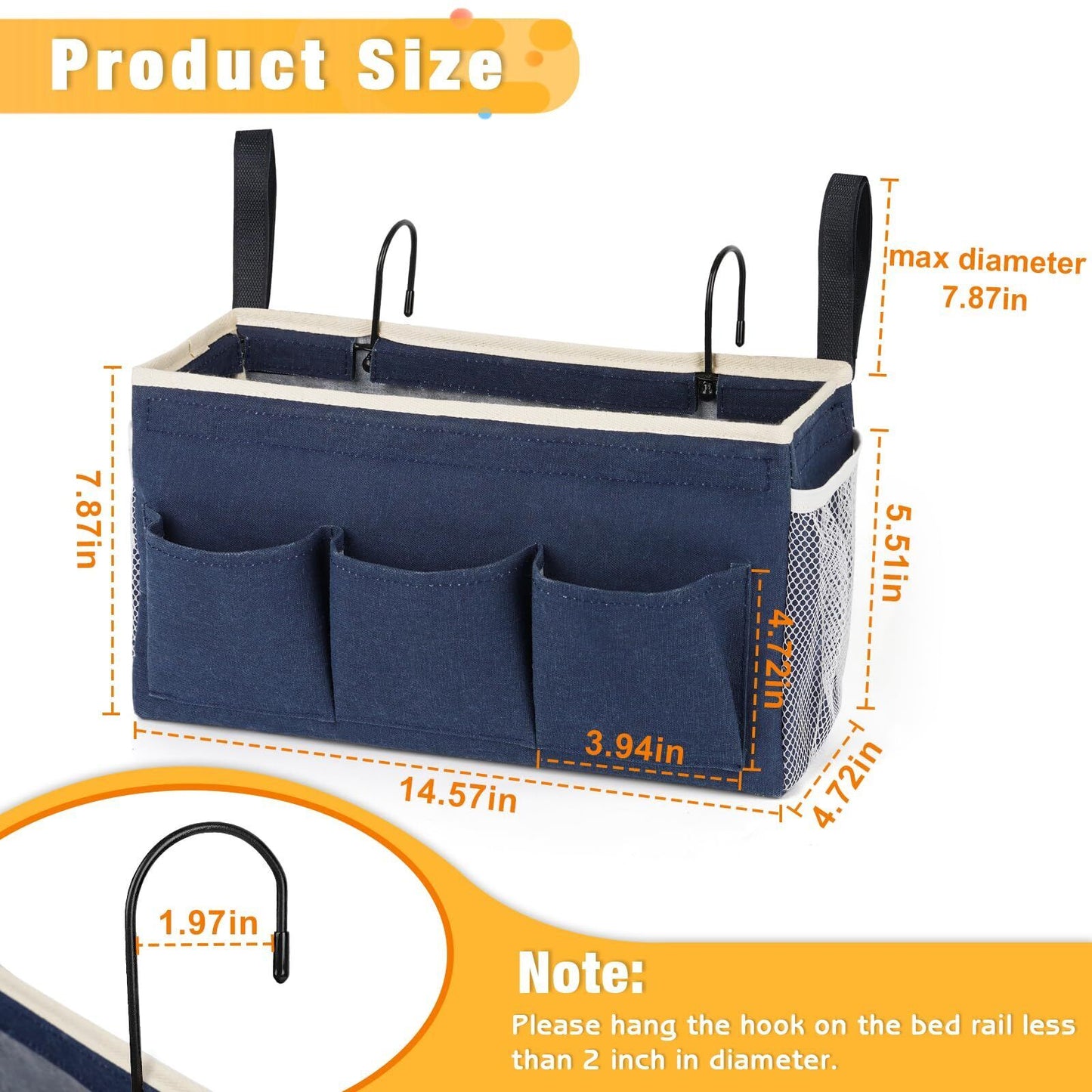 duxer box Bedside Storage Caddy Organizer BLUE Adjustable Metal Frame for Dorm Bunk Beds Phones Books Water Bottles