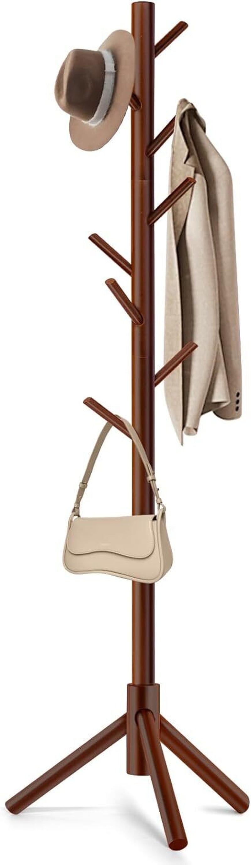 Modern Multifunctional Coat Hanger, Wooden Coat Rack Stand with Adjustable Height, 8 Hooks for Hats & Scarves - Space-Saving Entryway Organizer Sturdy