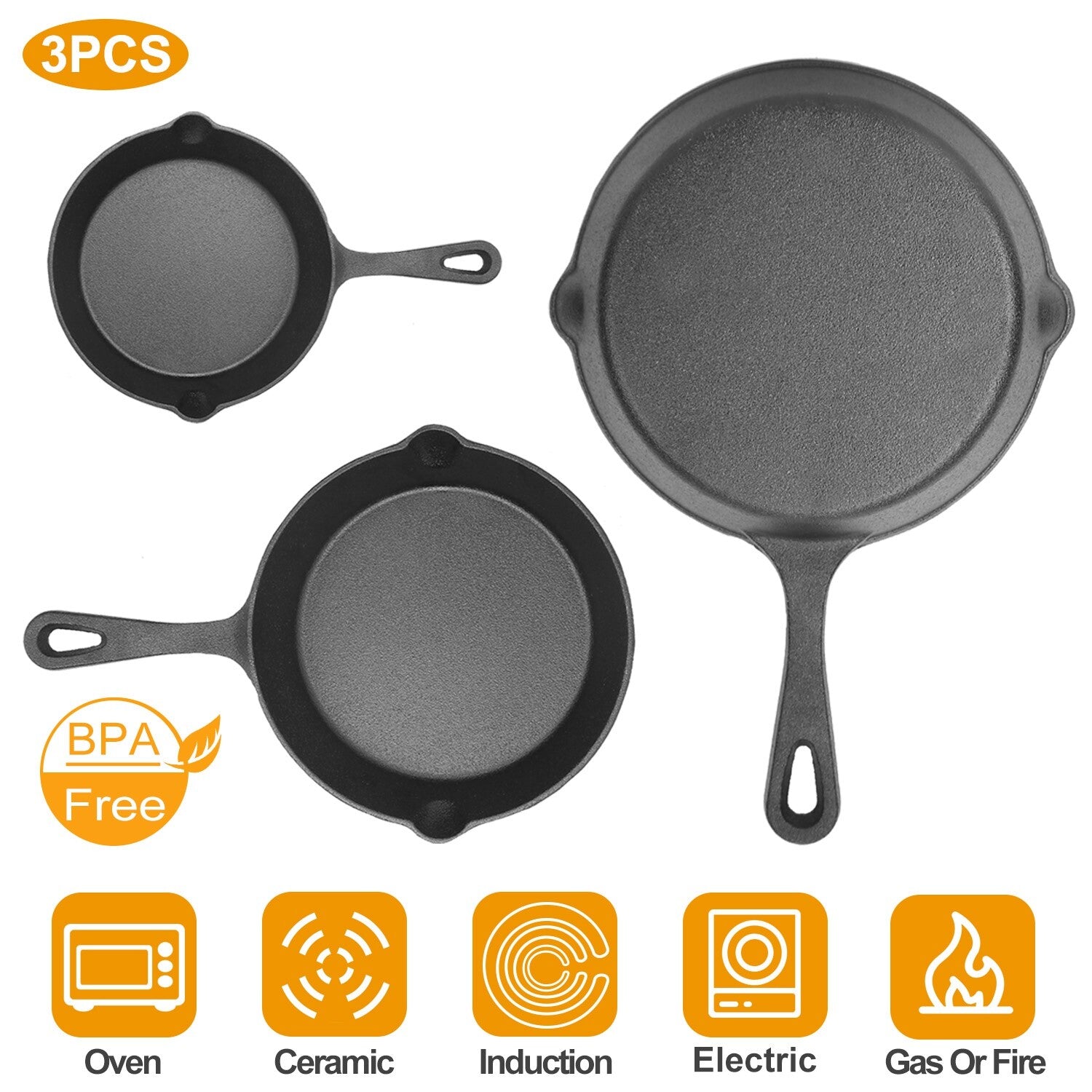 3PCS Cast Iron Skillet Set 6" 8" 10" Heavy Duty Pre-Seasoned Frying Pan Cookware