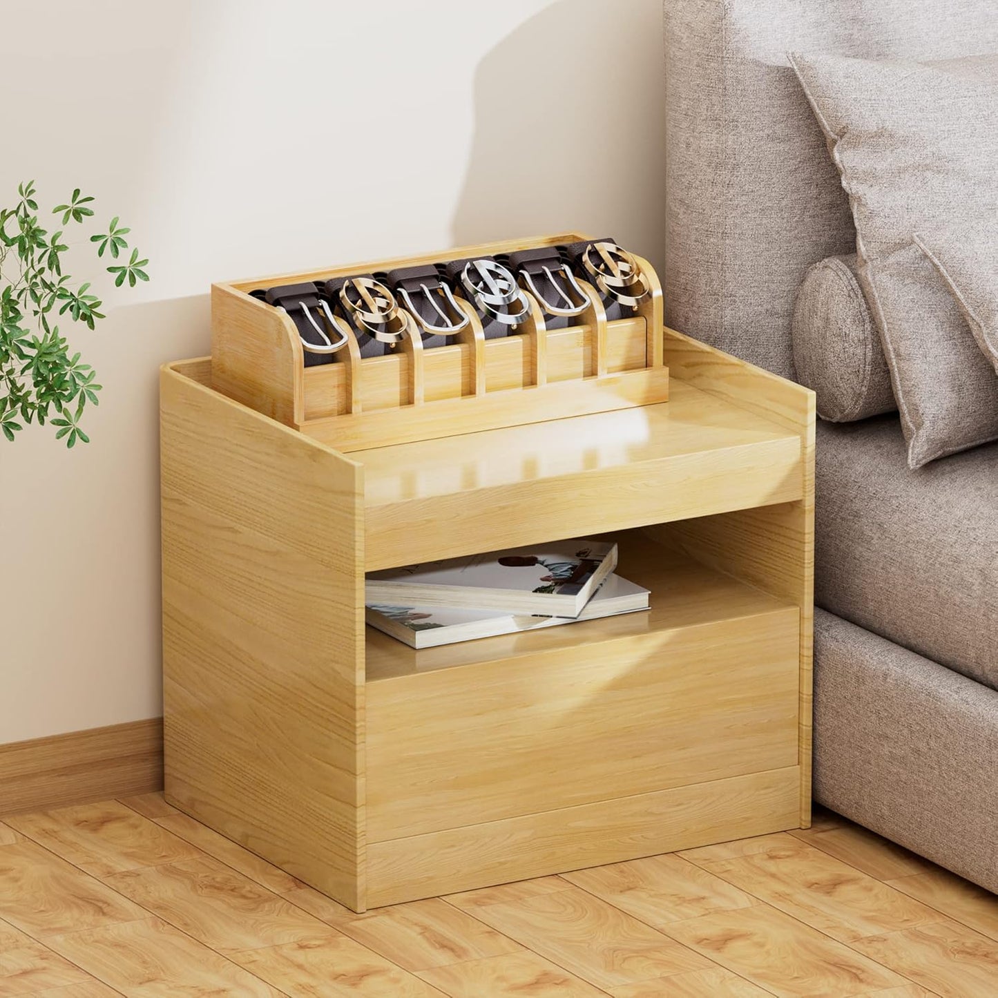Bamboo Belt Organizer Box,6 Grids Belt Rack, Belt Organizer for Closet and Drawe