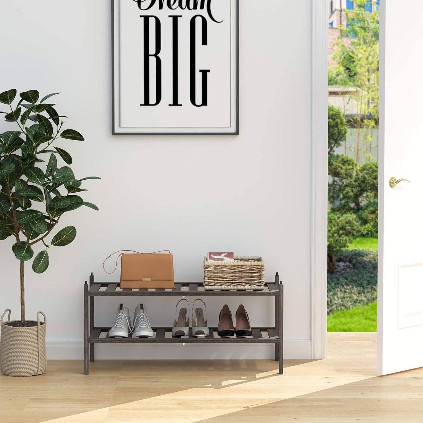 Bamboo 2-Tier Shoe Rack Stackable Shoe Shelf Storage Organizer for Entryway, ...