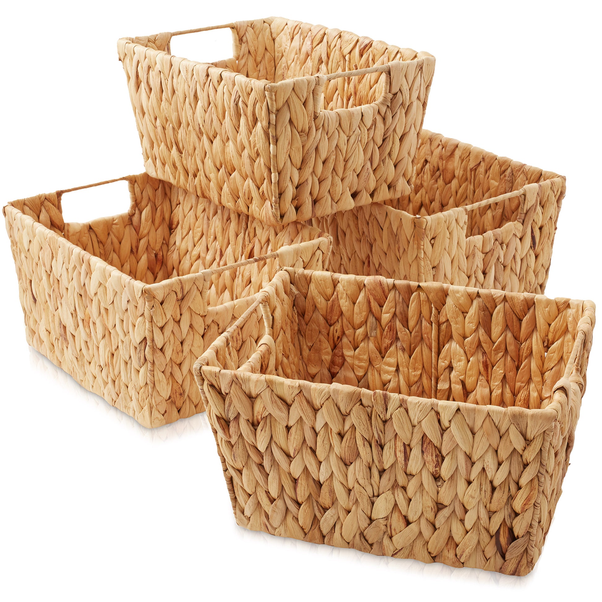 scalloped baskets, Hyacinth Storage Baskets - Set of 4 Handwoven Organizer Bins for Shelves, Pantry, Bathroom Kitchen Plastic Decorative Laundry