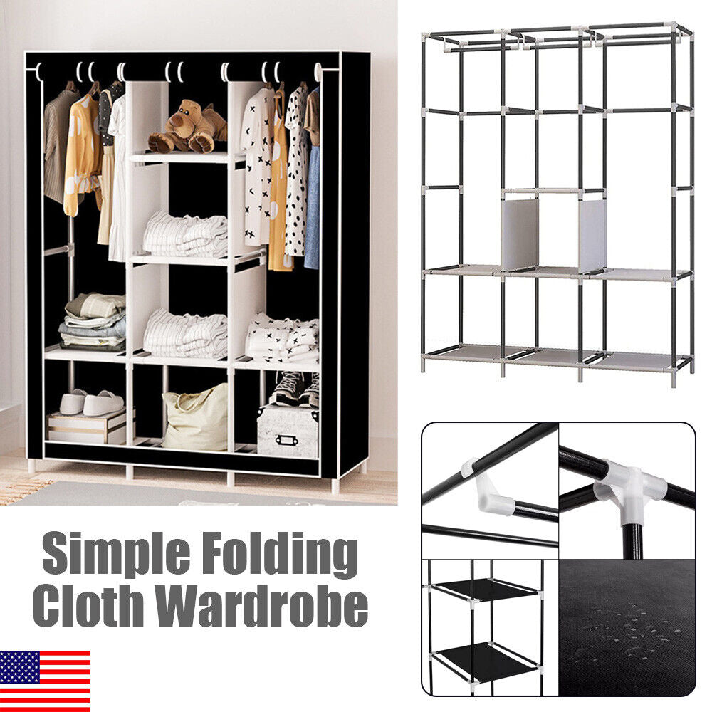 Heavy Duty Portable Closet Organizer Wardrobe Clothes Shoe Clothes Rack W/ Cover