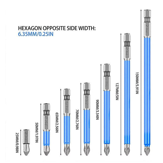 Magnetic Screwdriver Bit Set, 7Pc PH2 Anti-Slip Hex Shank, S2 Alloy Steel, Strong Grip, Screw Extractor & Driver for Woodworking, Auto & DIY Repairs