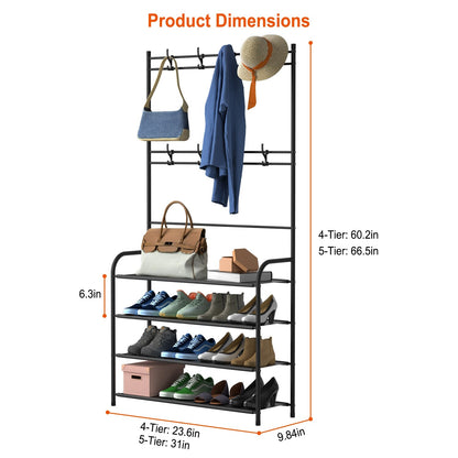 Coat and Shoe Rack for Entryway Organizer Metal Coat Hat Rack W/ 4 Tier Shelves