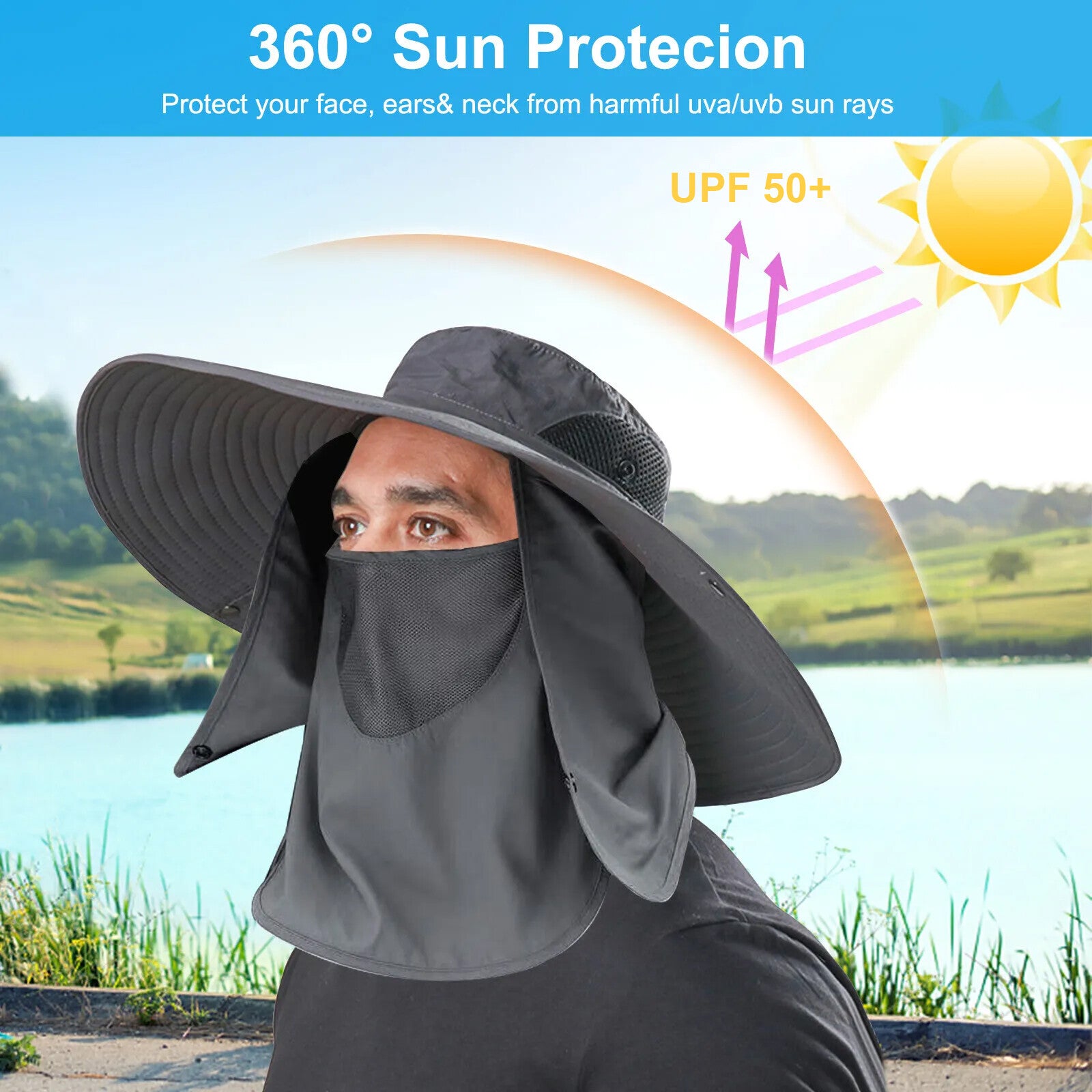 Wide Brim Sun Hat UV Protection Bucket Cap with Neck Flap for Hiking Camping Men