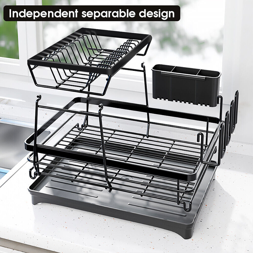 Dish Drying Rack 2-Tier Kitchen Organizer | Space-Saving Drying Rack w/ Drainboard, Rotatable Drain Tray, Utensil Holder, Rustproof & Easy Install