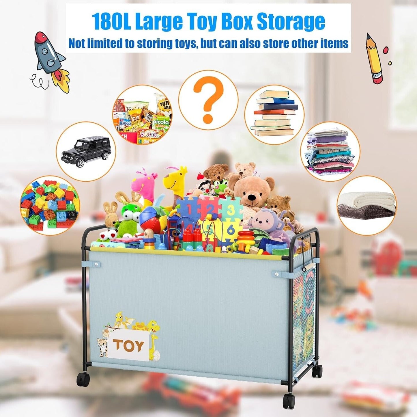 Extra Large 180L Kids Toy Box with Wheels & Lock – Foldable Storage Chest for Toys, Clothes, Blankets | Stylish Blue Organizer for Home & Playroom