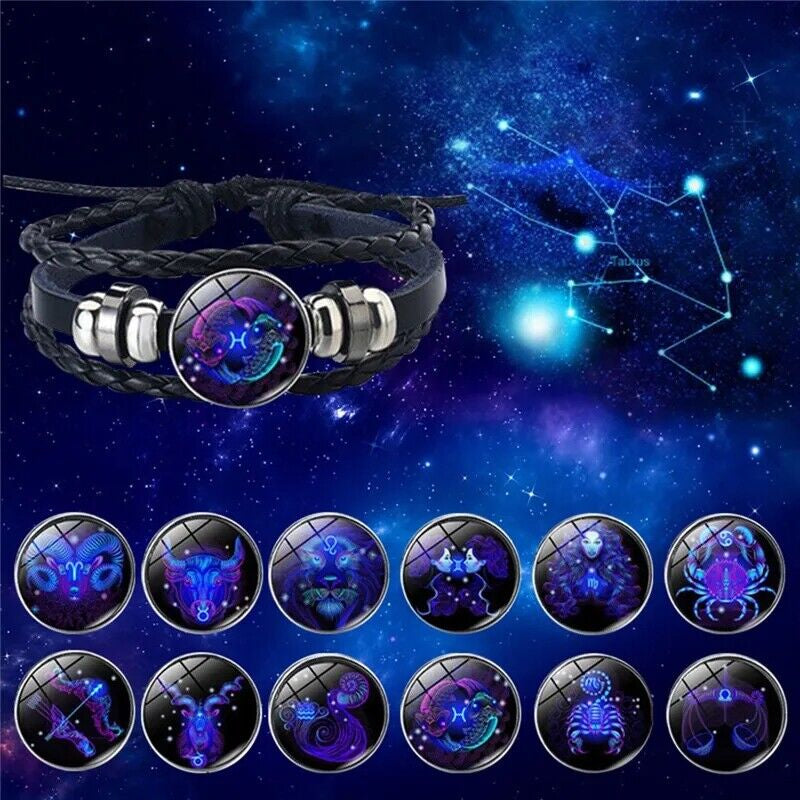 Leather Bracelet Bangle for Men Woman with Signs of the Zodiac Astrology Luminou