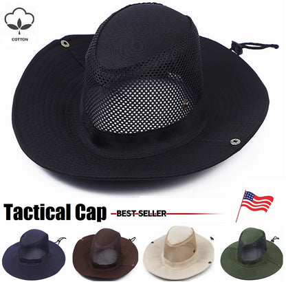 Mesh Tactical Boonie Hat Military Camo Bucket Wide Brim Sun Fishing Summer Cap
