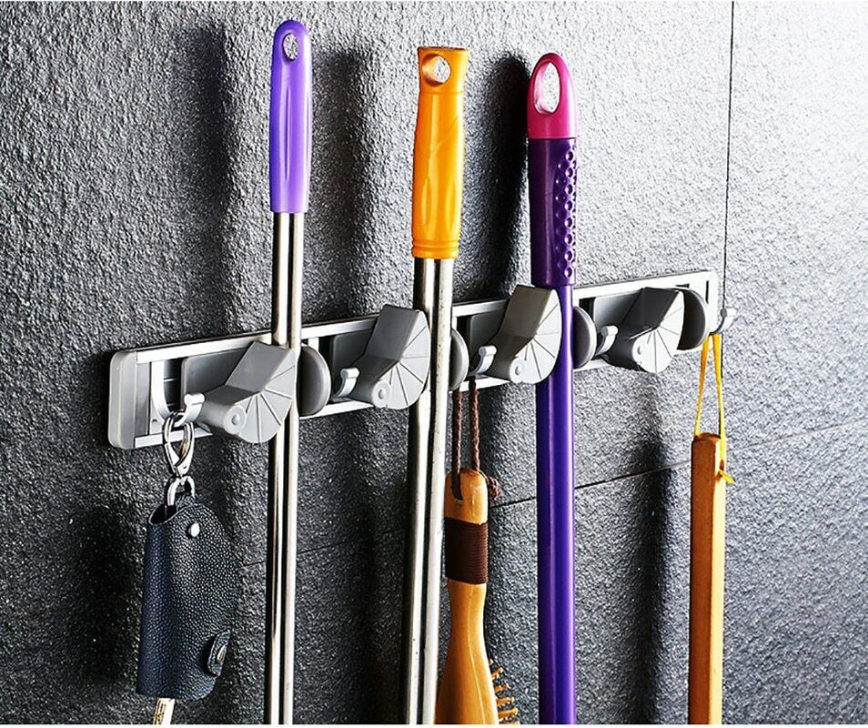 Multi-function Wall Mounted Mop and Broom Holder - Adhesive Space-Saving Organizer, Adjustable Hooks, Heavy-Duty Storage for Kitchen, Bathroom 